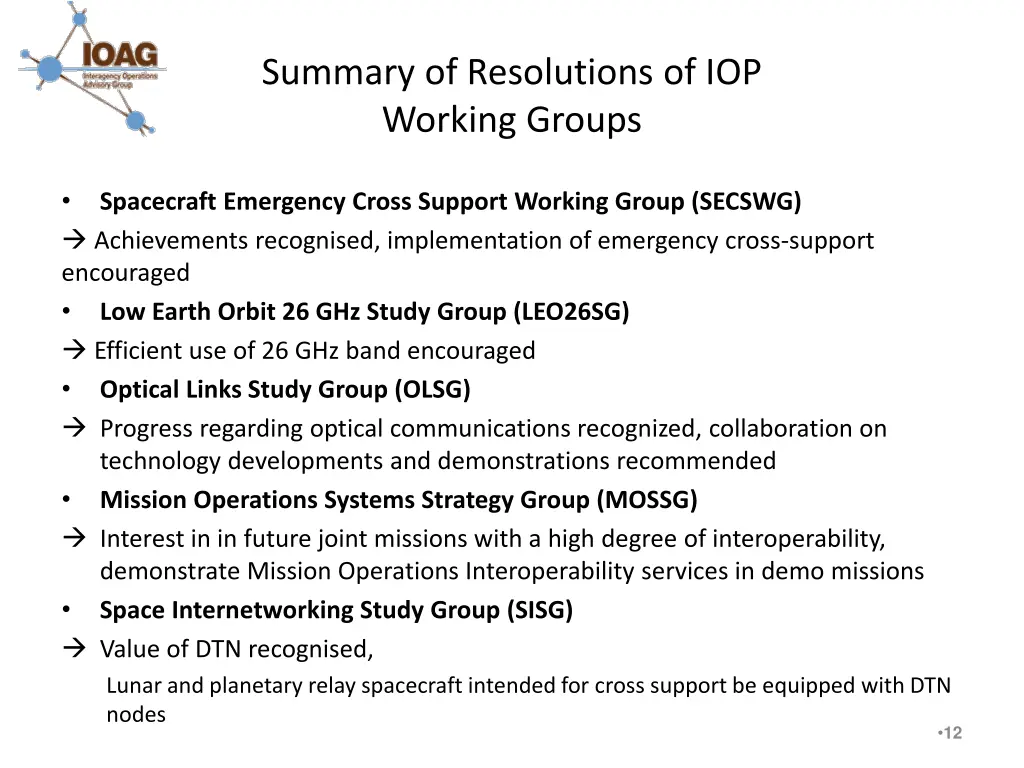 summary of resolutions of iop working groups