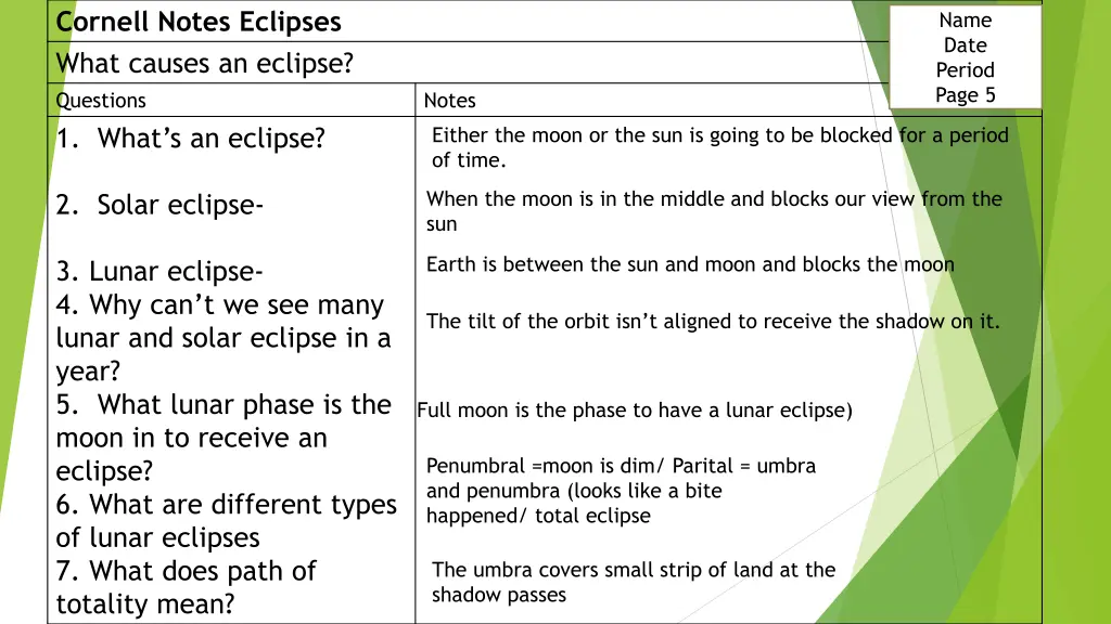 cornell notes eclipses what causes an eclipse