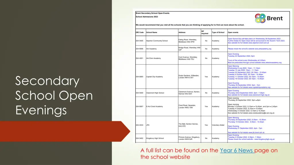 secondary school open evenings