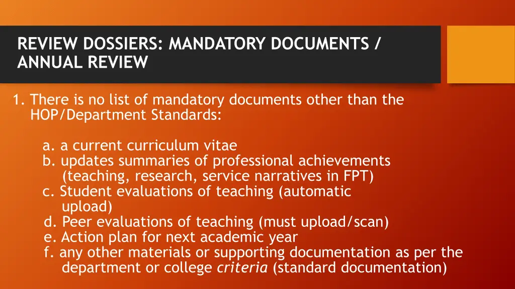 review dossiers mandatory documents annual review