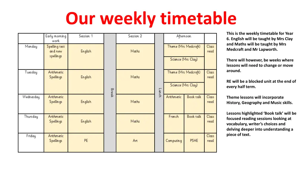 our weekly timetable