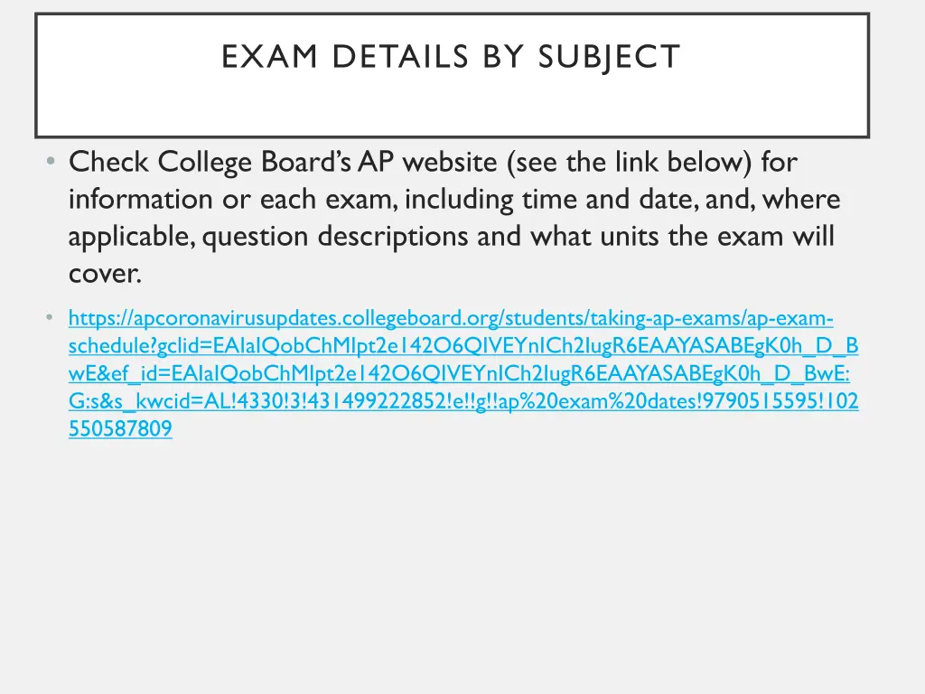 exam details by subject