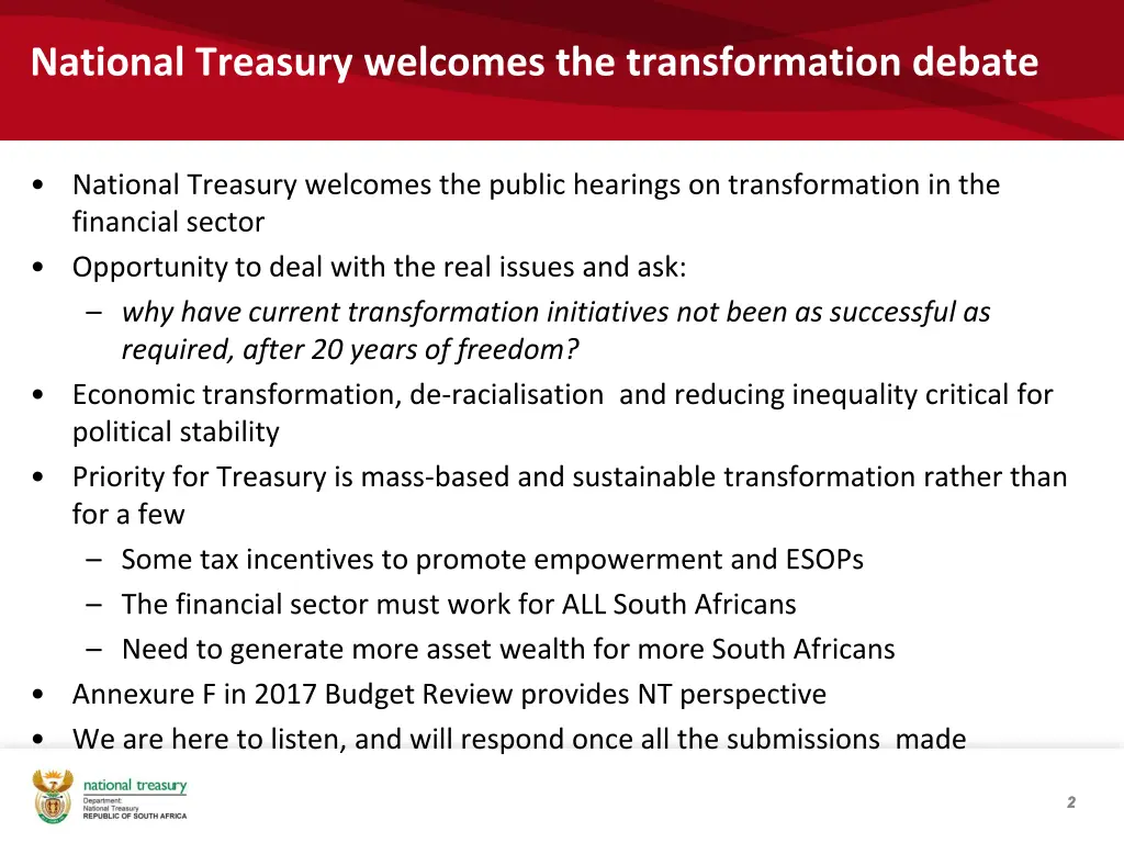 national treasury welcomes the transformation