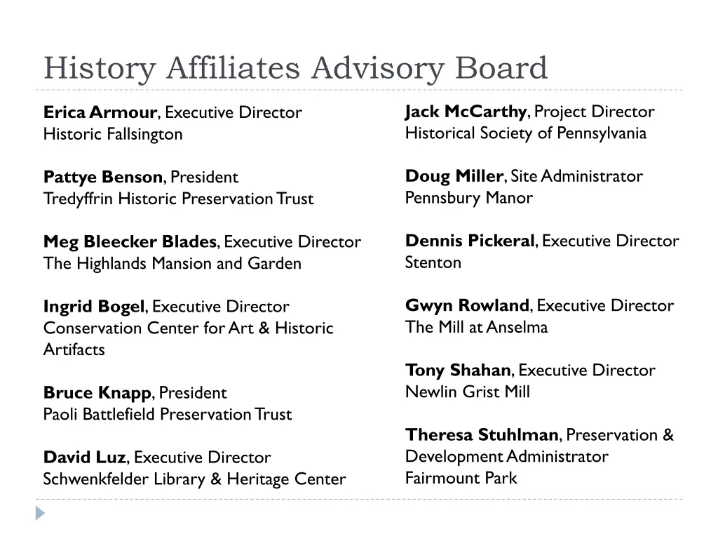 history affiliates advisory board