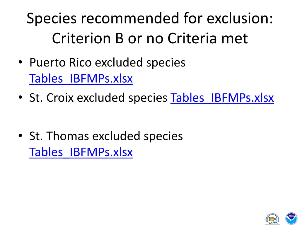 species recommended for exclusion criterion