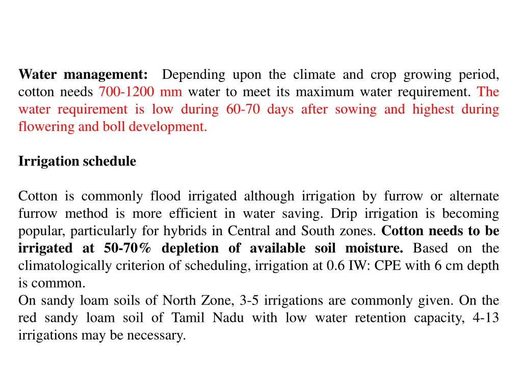 water management depending upon the climate