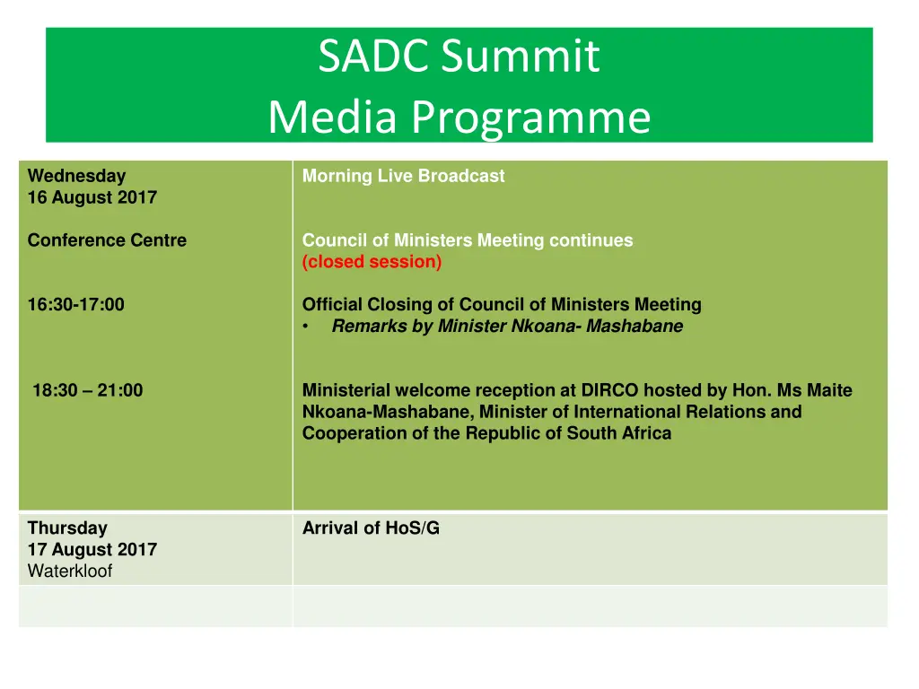 sadc summit media programme 2