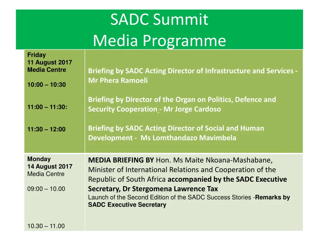 sadc summit media programme