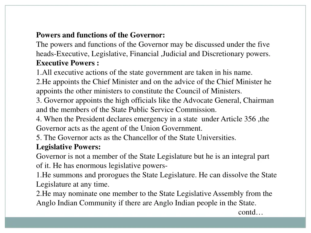 powers and functions of the governor the powers