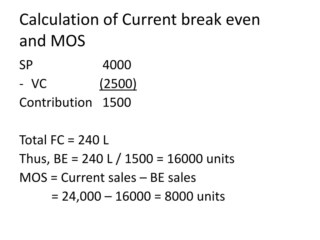 calculation of current break even and mos