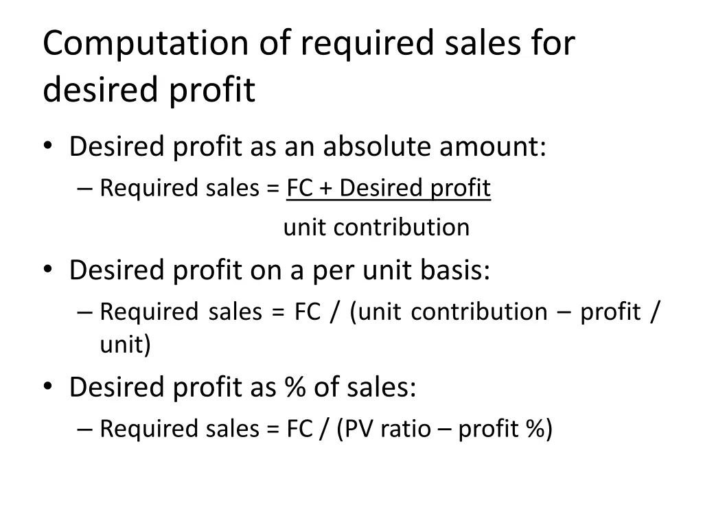 computation of required sales for desired profit