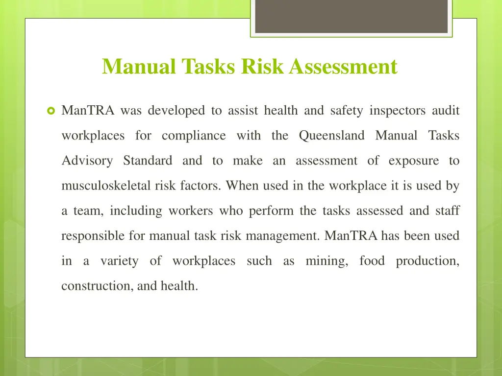 manual tasks risk assessment