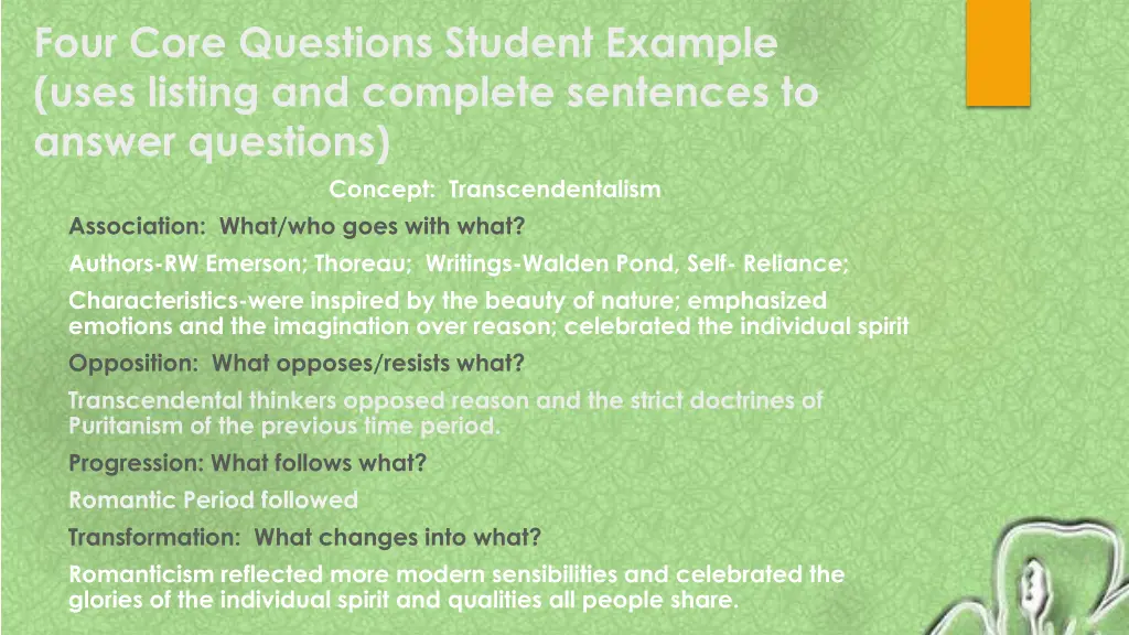 four core questions student example uses listing