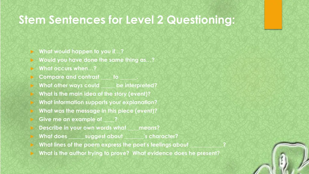 stem sentences for level 2 questioning