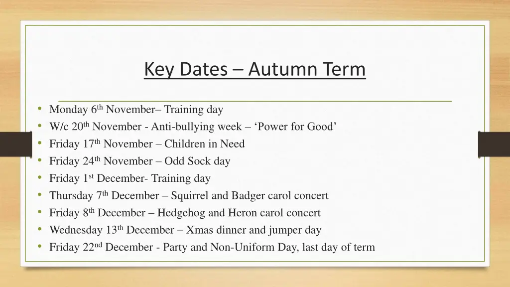 key dates autumn term 1