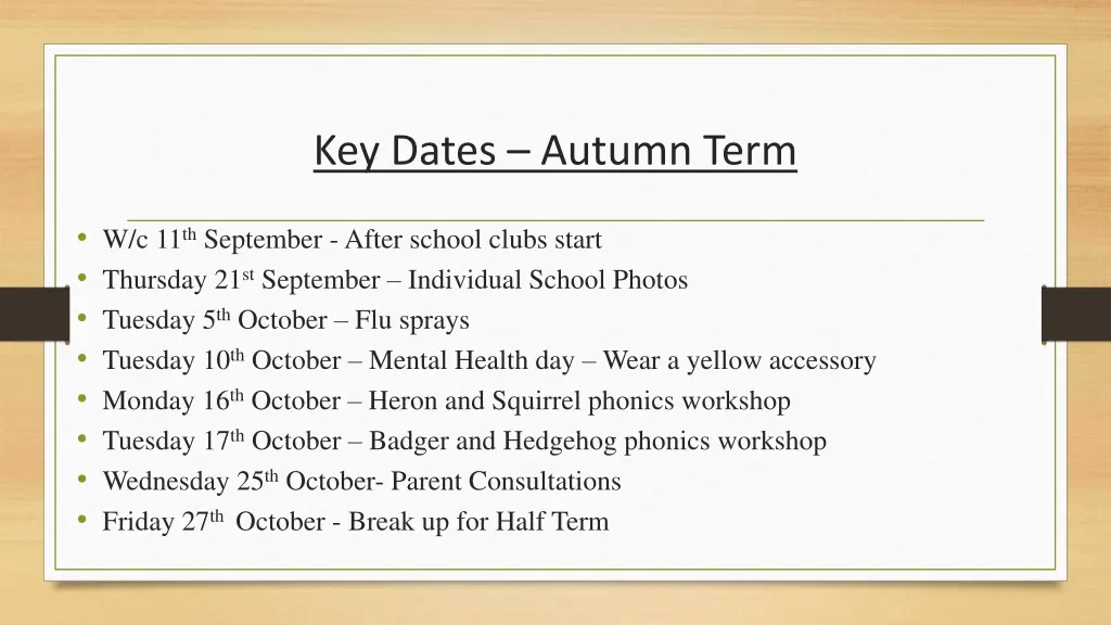 key dates autumn term