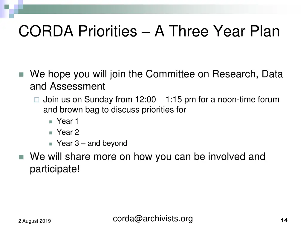 corda priorities a three year plan