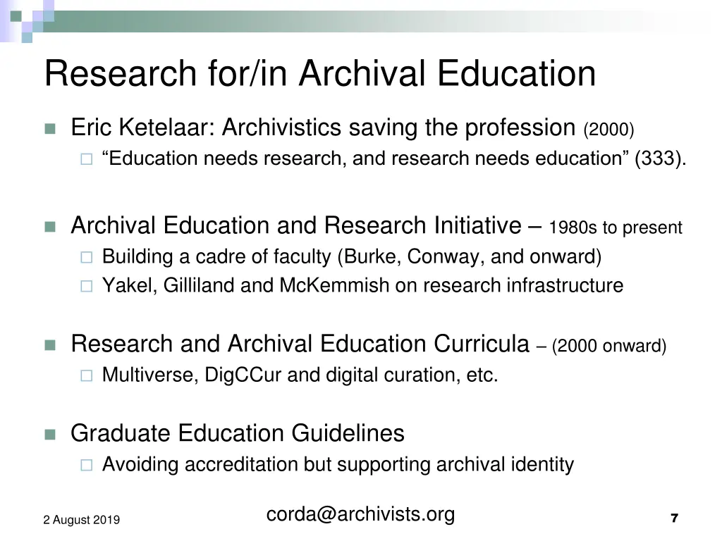 research for in archival education