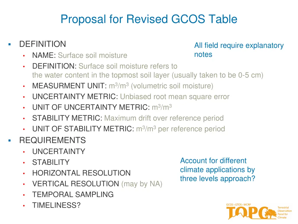 proposal for revised gcos table