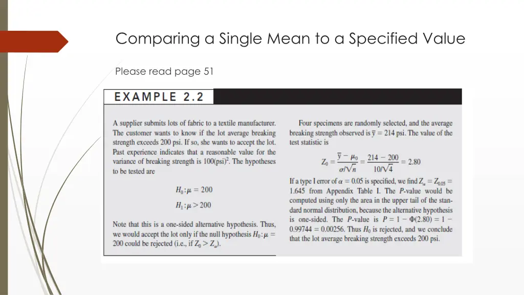 comparing a single mean to a specified value