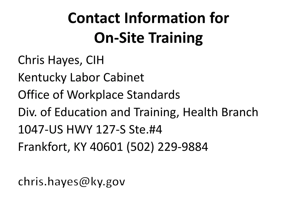 contact information for on site training