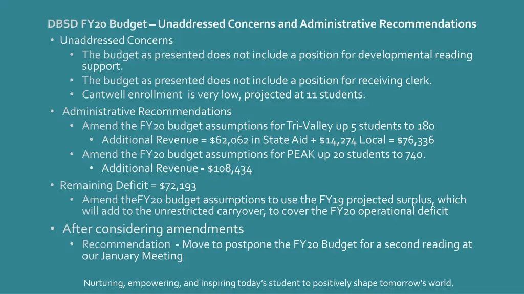 dbsd fy20 budget unaddressed concerns