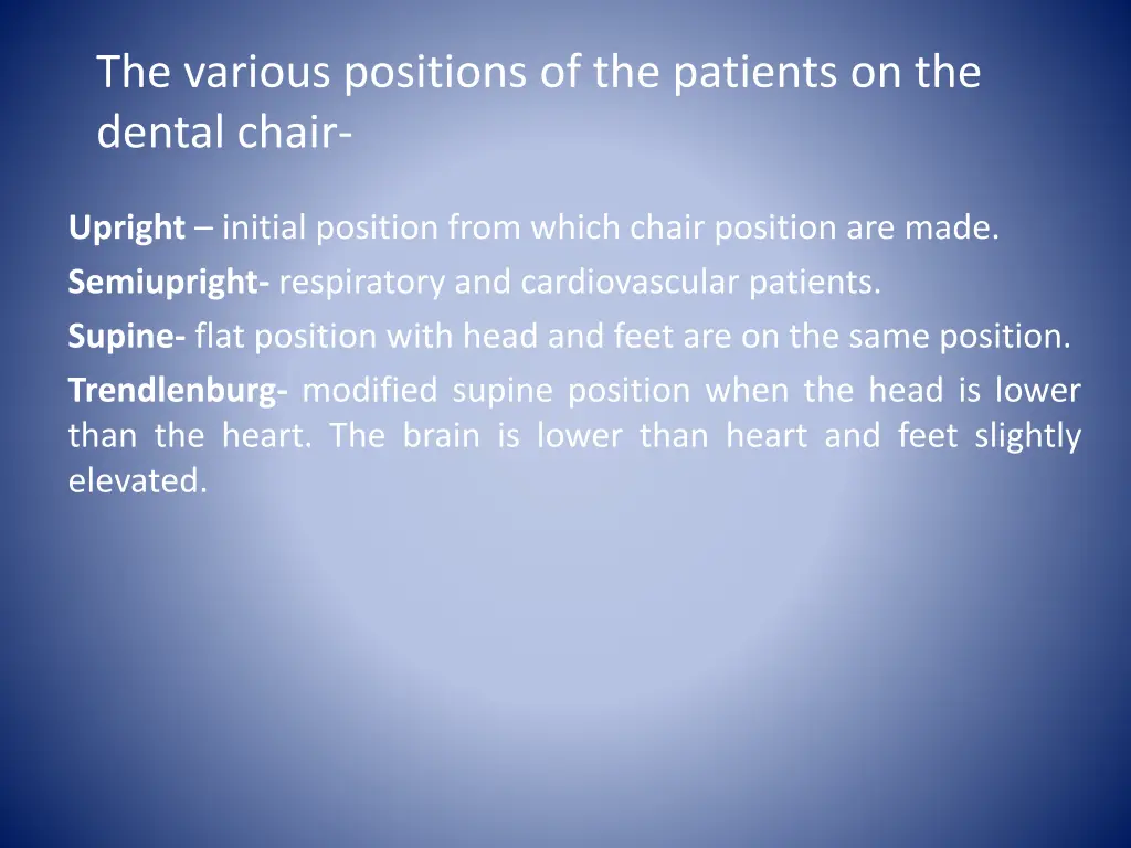 the various positions of the patients