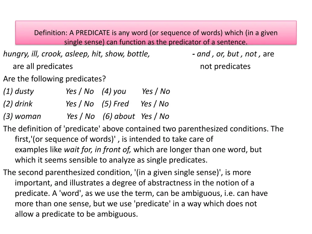 definition a predicate is any word or sequence