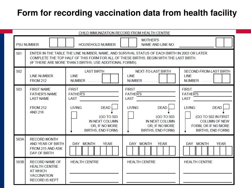 form for recording vaccination data from health