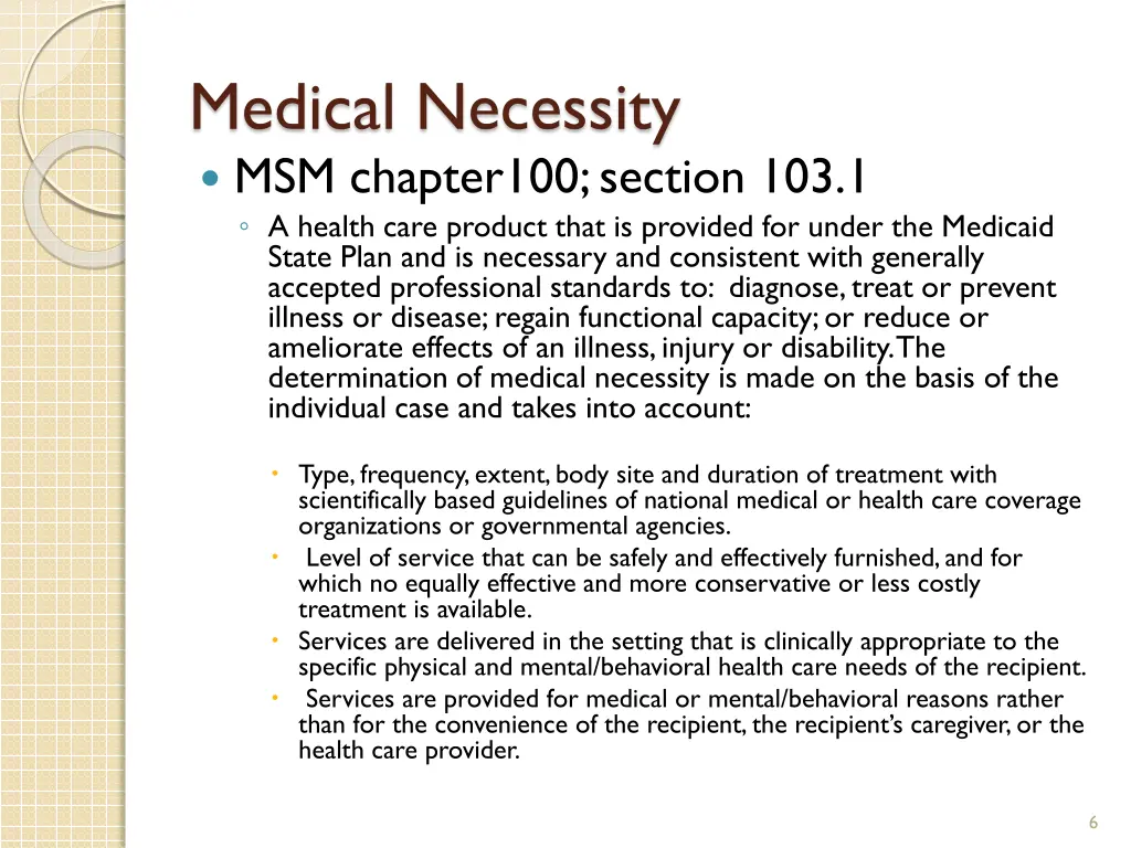 medical necessity msm chapter100 section