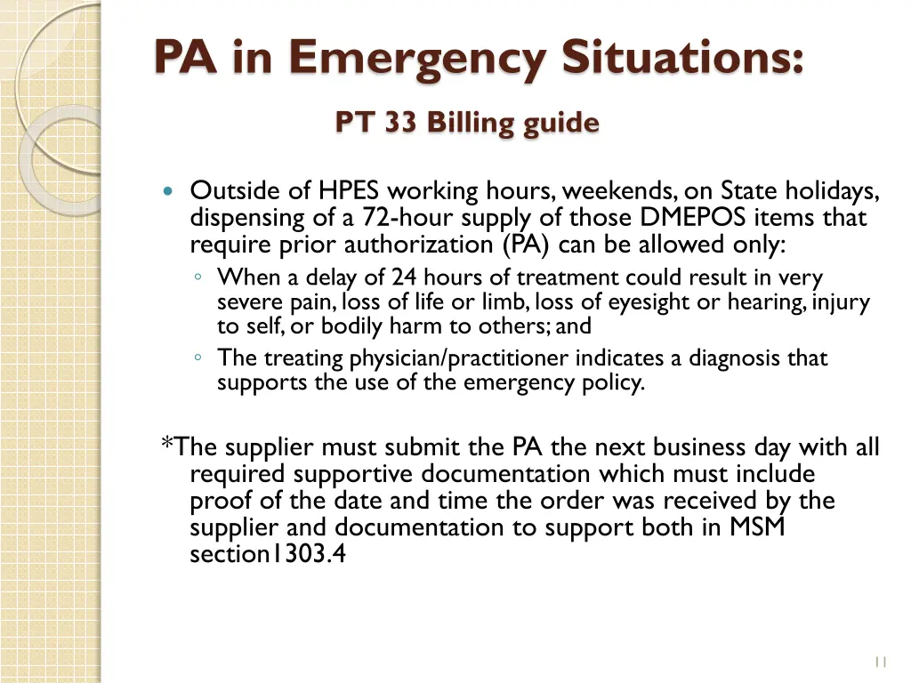 pa in emergency situations pt 33 billing guide