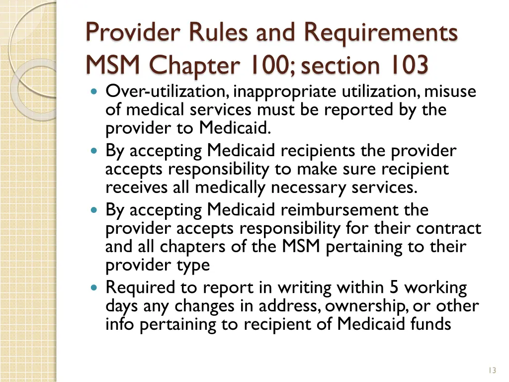 provider rules and requirements msm chapter