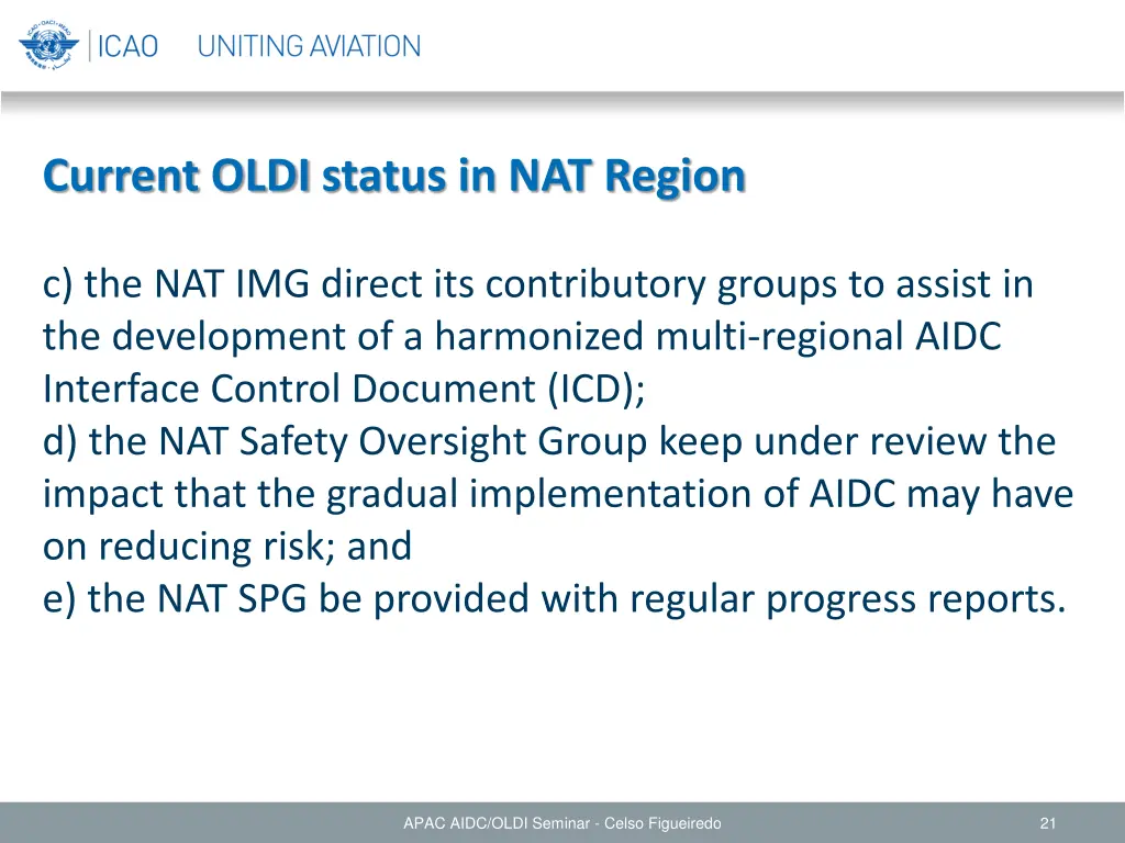 current oldi status in nat region 1