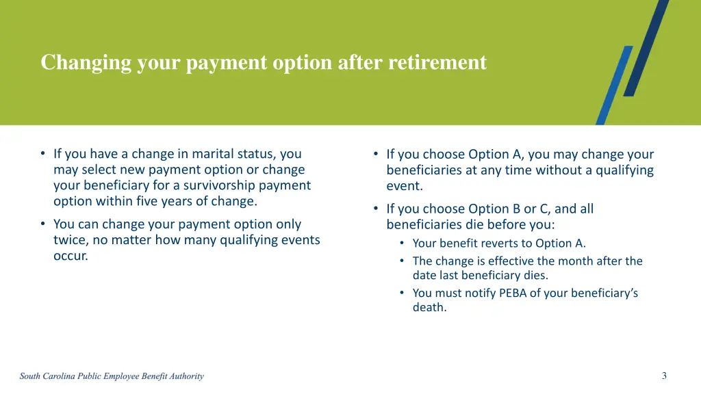 changing your payment option after retirement