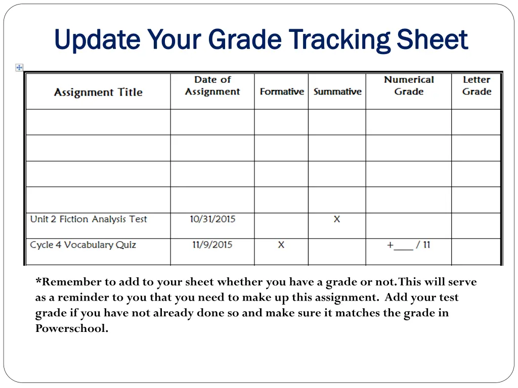 update your grade tracking sheet update your