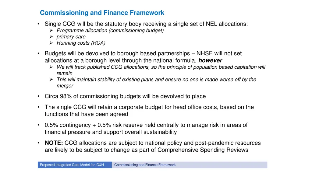 commissioning and finance framework