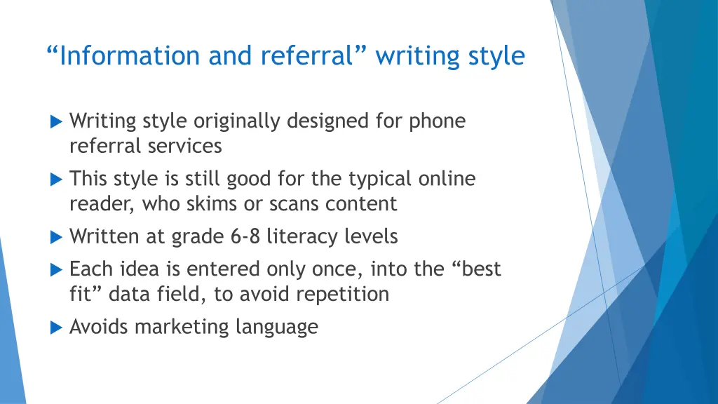 information and referral writing style