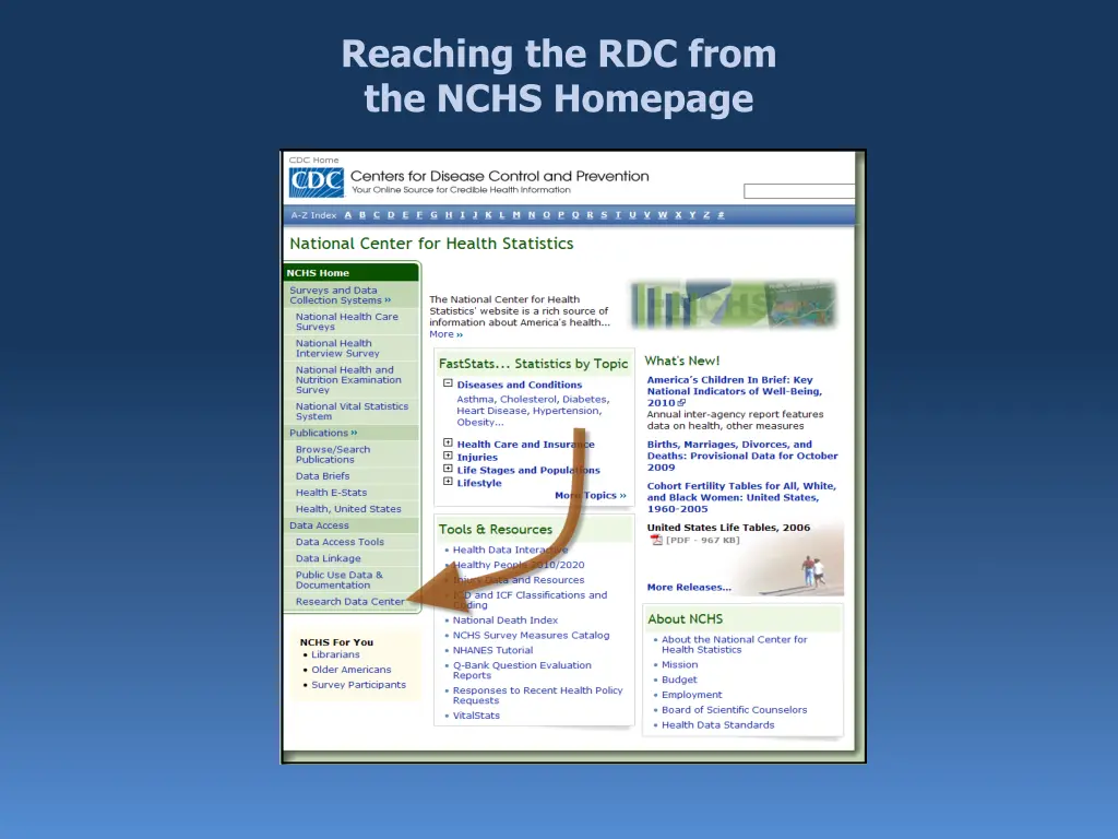 reaching the rdc from the nchs homepage