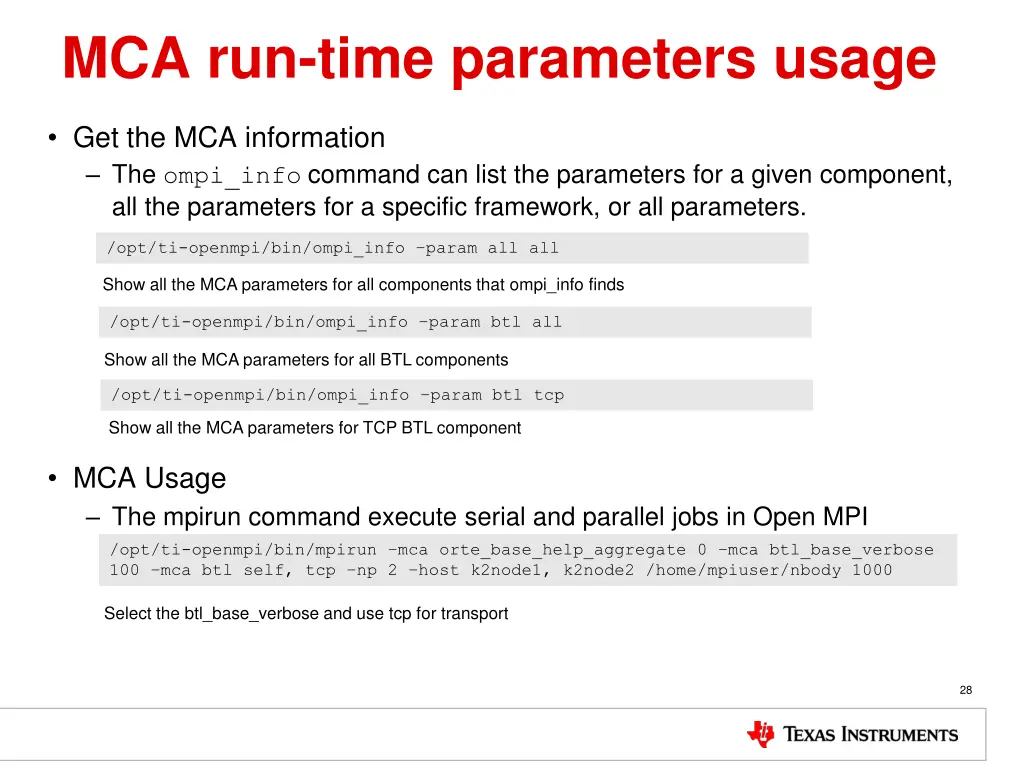 mca run time parameters usage