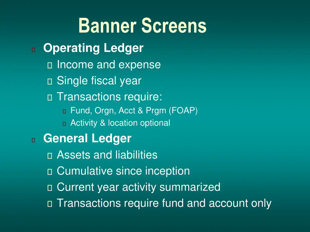 banner screens operating ledger income