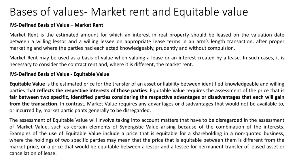 bases of values market rent and equitable value