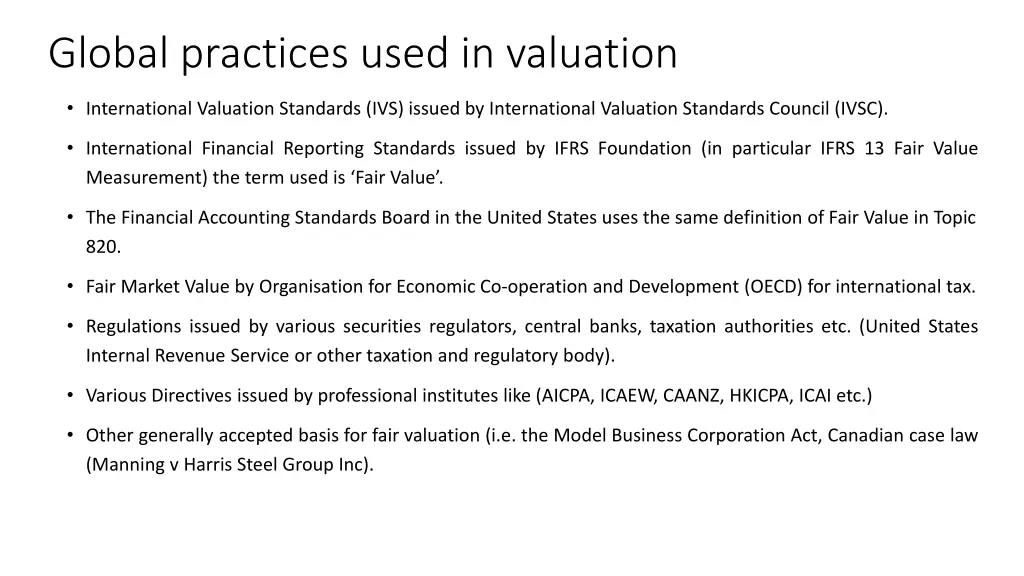 global practices used in valuation