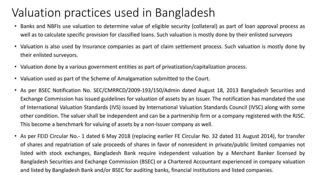 valuation practices used in bangladesh banks