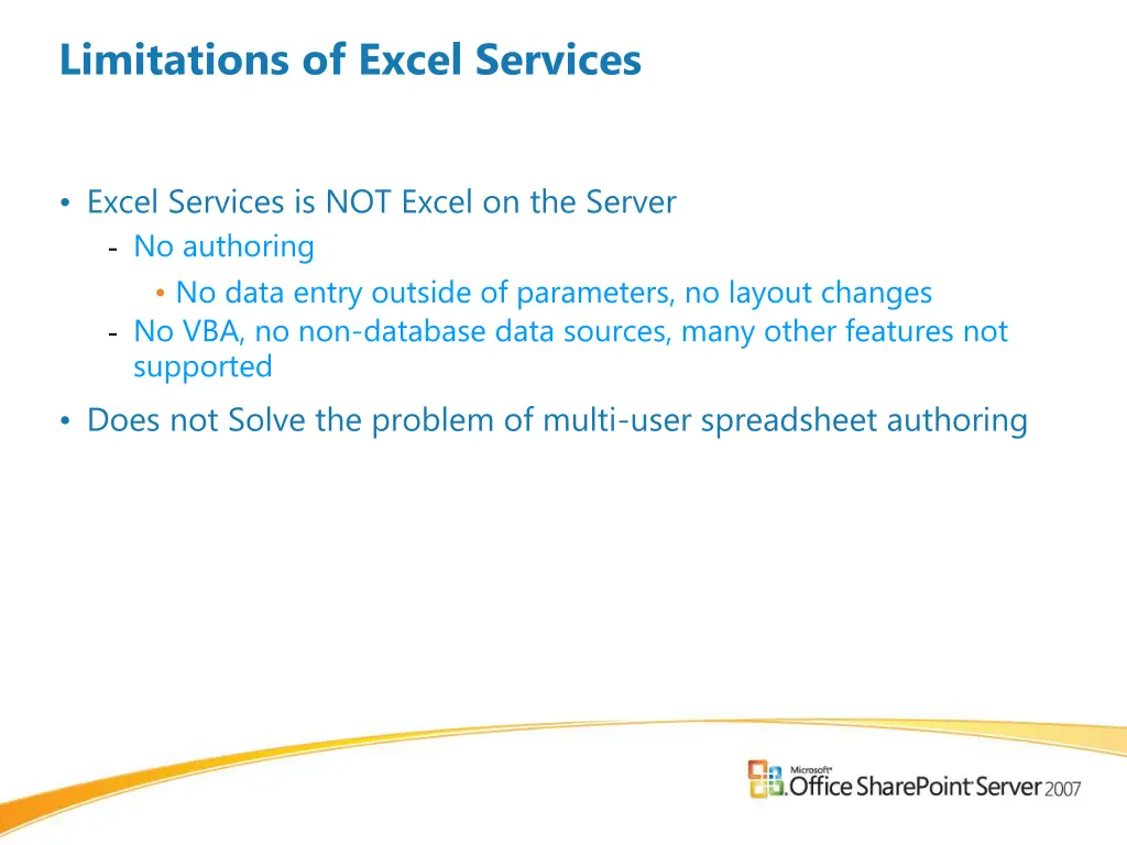 limitations of excel services