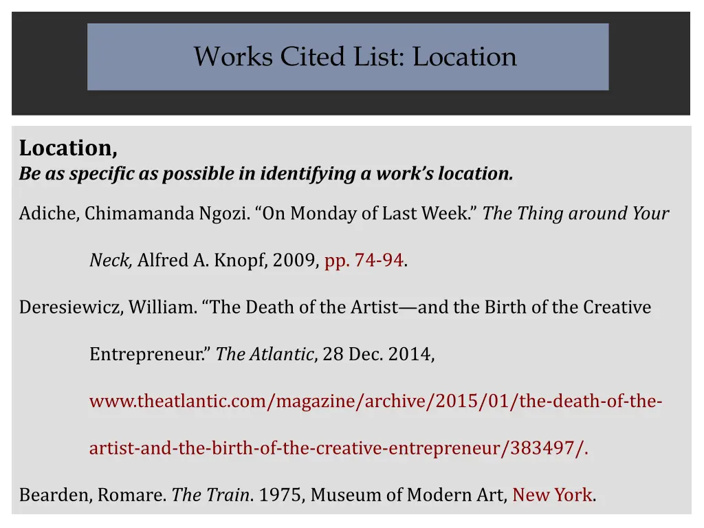 works cited list location