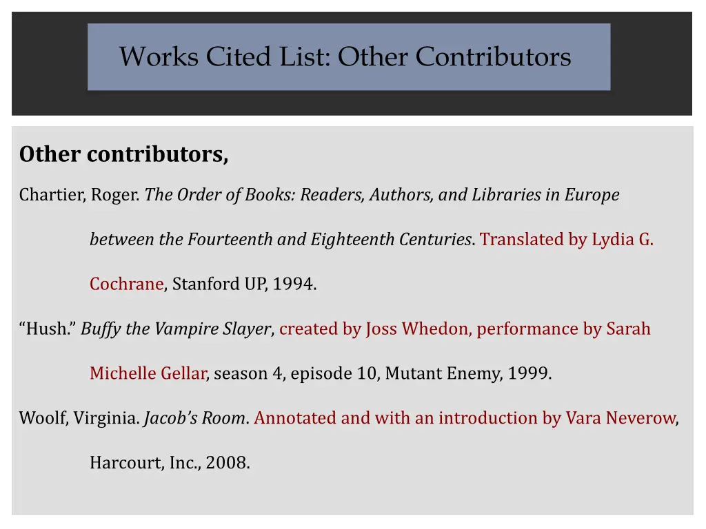 works cited list other contributors