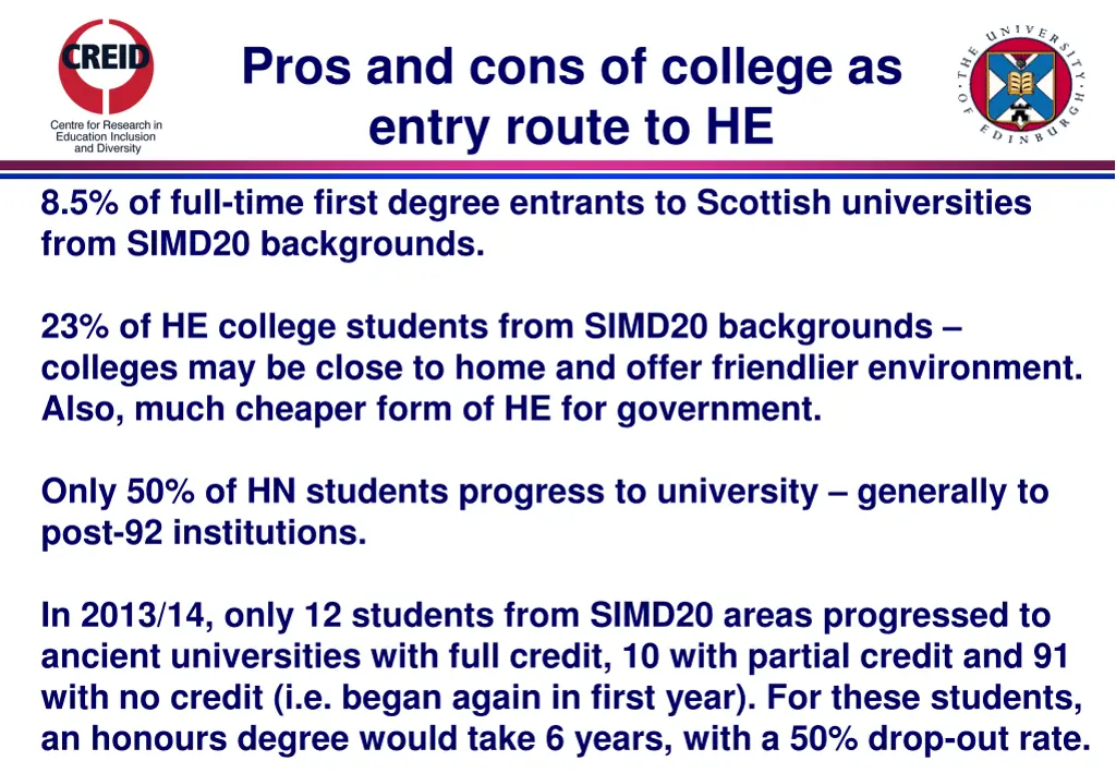 pros and cons of college as entry route to he