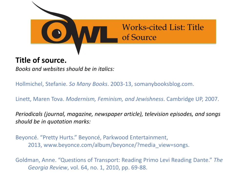 works cited list title of source