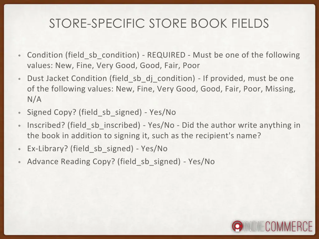 store specific store book fields