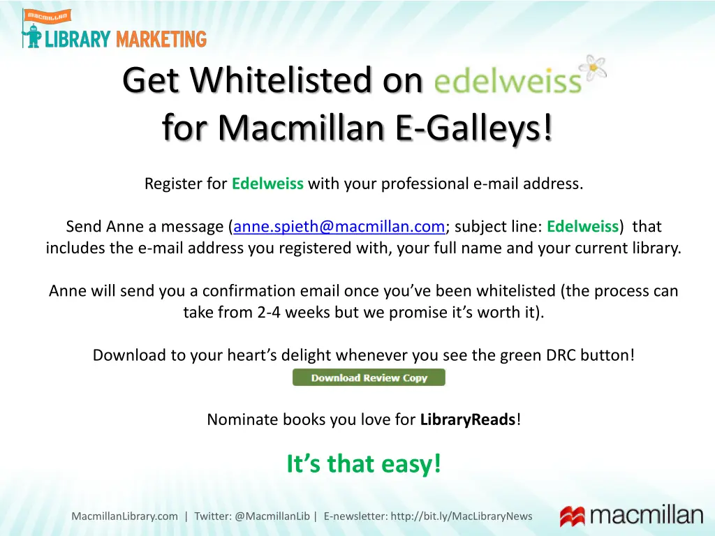 get whitelisted on edelweiss for macmillan